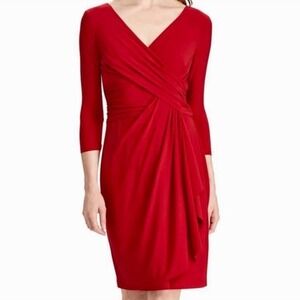 New Chaps Ralph Lauren Red Wrap Dress Large V-Neck 3/4 Sleeve Valentine Nwt